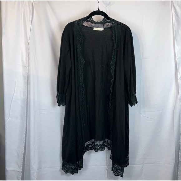 Hipster Row Cardigan Lace Crochet Trim Full Length 3/4 Sleeve Flowy Duster Top - Picture 3 of 9